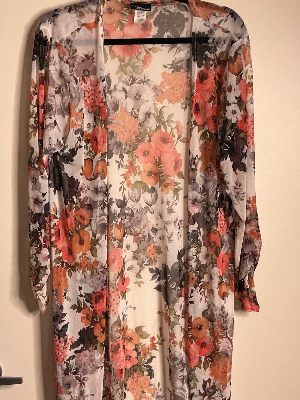 Floral Lightweight Kimono Duster in Cream, Coral & Gray